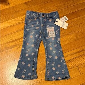 Floral Print Flare Jeans - Blue with Pink & Cream Flowers